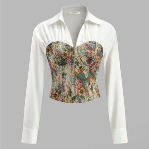 Commense Corset Floral Jacquard Polo Collar Faux 2 in 1 Top